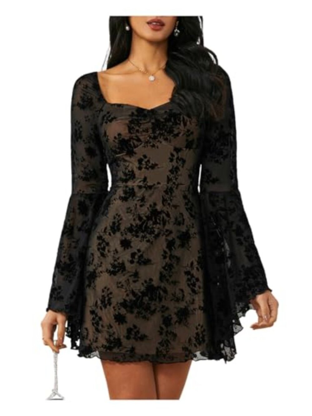 Gothic Vintage Floral Mesh Long Sleeve A-Line Dress Square Neck Halloween
